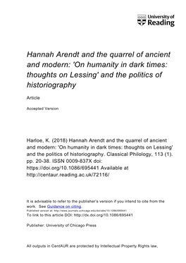 Hannah Arendt and the Quarrel of Ancient and Modern: 'On Humanity in Dark Times: Thoughts on Lessing' and the Politics of Historiography