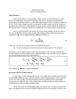 Stability and Control Stick Free Characteristics Hinge Moments