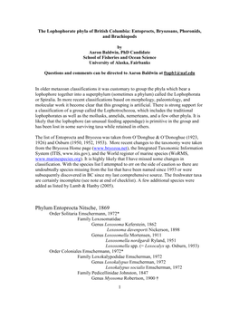 The Lophophorate Phyla of British Columbia: Entoprocts,Bryozoans