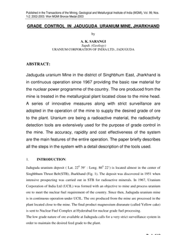 Grade Control in Jaduguda Uranium Mine, Jharkhand