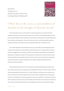 I Want You to Be: Love As a Precondition of Freedom in the Thought of Hannah Arendt