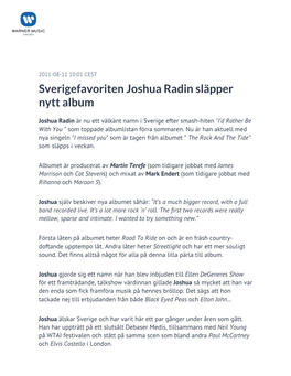 Sverigefavoriten Joshua Radin Släpper Nytt Album