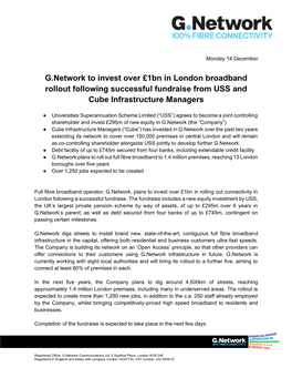 G.Network to Invest Over £1Bn in London Broadband Rollout Following Successful Fundraise from USS and Cube Infrastructure Managers