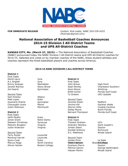National Association of Basketball Coaches Announces 2014-15 Division I All-District Teams and UPS All-District Coaches