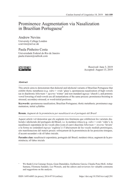 Prominence Augmentation Via Nasalization in Brazilian Portuguese*