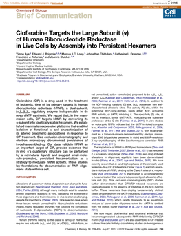 Clofarabine Targets the Large Subunit (A) of Human Ribonucleotide Reductase in Live Cells by Assembly Into Persistent Hexamers