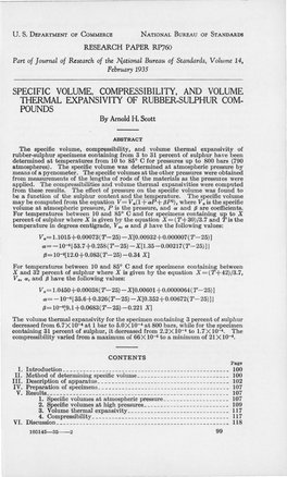 SPECIFIC VOLUME, COMPRESSIBILITY, and VOLUME THERMAL EXPANSIVITY of RUBBER-SULPHUR COM­ POUNDS by Arnold H