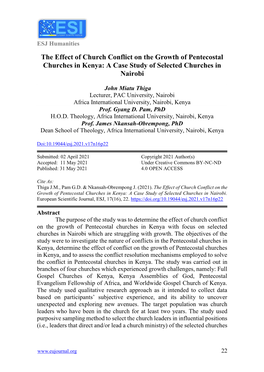 The Effect of Church Conflict on the Growth of Pentecostal Churches in Kenya: a Case Study of Selected Churches in Nairobi