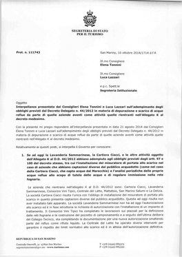 SEGRETERIA DI STATO San Marino, 10 Ottobre 2014/1714 D.F.R Segreteria Istituzionale Reflue Da Parte Di Quelle Aziende Aventi