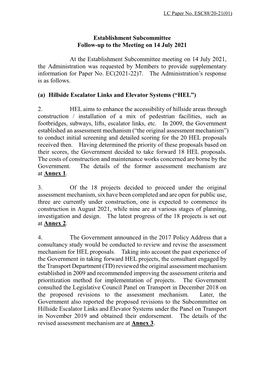 Establishment Subcommittee Follow-Up to the Meeting on 14 July 2021 at the Establishment Subcommittee Meeting on 14 July 2021, T