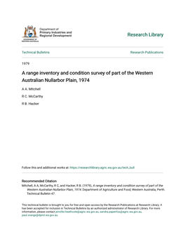 A Range Inventory and Condition Survey of Part of the Western Australian Nullarbor Plain, 1974