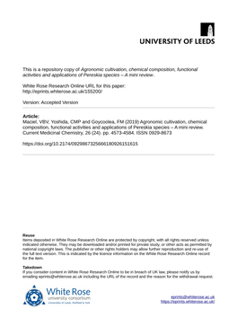 Agronomic Cultivation, Chemical Composition, Functional Activities and Applications of Pereskia Species – a Mini Review