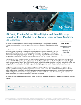 CG Petsky Prunier Advises Global Digital and Brand Strategy Consulting Firm Prophet on Its Growth Financing from Gladstone and Comerica