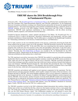TRIUMF Shares the 2016 Breakthrough Prize in Fundamental Physics