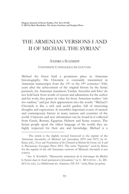 The Armenian Versions I and Ii of Michael the Syrian∗