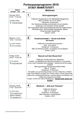 Ferienpassprogramm 2019 STADT MARKTSTEFT Datum Aktionen Uhrzeit - Von Bis