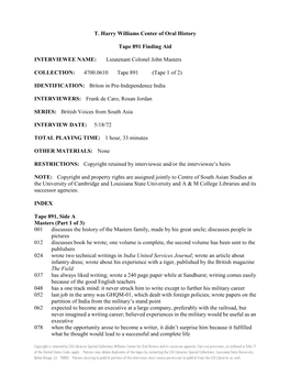 T. Harry Williams Center of Oral History Tape 891 Finding Aid INTERVIEWEE NAME: Lieutenant Colonel John Masters COLLECTION: 4