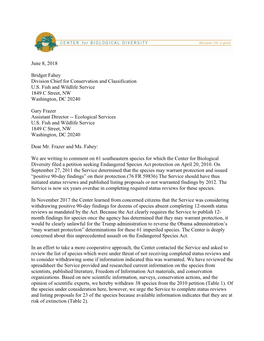 Letter to FWS on Reviews of Southeast Species
