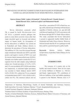 Prevalence of Bovine Tuberculosis in Buffaloes in Hyderabad and Tando Allahyar Districts of Sindh Province, Pakistan