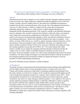 Moving Forward with Ethnoburb and Income Inequality - a Preliminary Analysis Rafael Harun, Phd Candidate, School of Planning, University of Waterloo