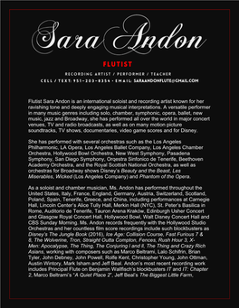 Sara Andon Is an International Soloist and Recording Artist Known for Her Ravishing Tone and Deeply Engaging Musical Interpretations