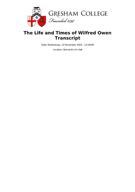 The Life and Times of Wilfred Owen Transcript