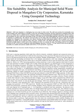 Site Suitability Analysis for Municipal Solid Waste Disposal in Mangalore City Corporation, Karnataka - Using Geospatial Technology