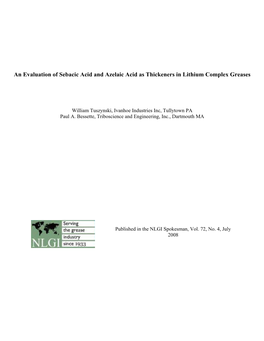 An Evaluation of Sebacic Acid and Azelaic Acid As Thickeners in Lithium Complex Greases