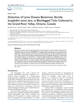 Borrelia Burgdorferi Sensu Lato, in Blacklegged Ticks Collected in the Grand River Valley, Ontario, Canada John D