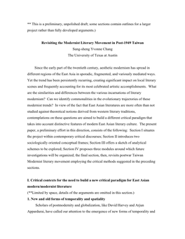 Revisiting the Modernist Literary Movement in Post-1949 Taiwan Sung-Sheng Yvonne Chang the University of Texas at Austin