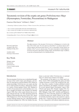 ﻿Taxonomic Revision of the Cryptic Ant Genus Probolomyrmex Mayr