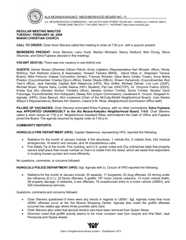 Ala Moana/Kakaako Neighborhood Board No. 11 . Regular Meeting Minutes Tuesday, February 26, 2008 Makiki Christian Church Call T