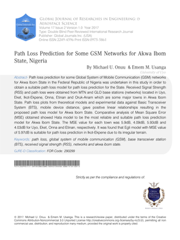 Path Loss Prediction for Some GSM Networks for Akwa Ibom State, Nigeria by Michael U