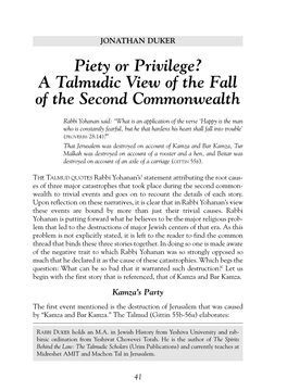 Piety Or Privilege? a Talmudic View of the Fall of the Second Commonwealth