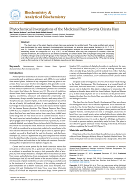 Phytochemical Investigations of the Medicinal Plant Swertia Chirata Ham Mst