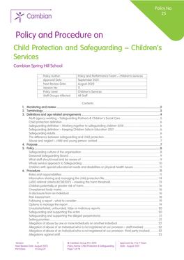 Policy and Procedure on Child Protection and Safeguarding – Children’S Services Cambian Spring Hill School