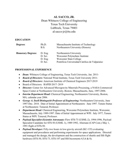 AL SACCO, JR. Dean Whitacre College of Engineering Texas Tech University Lubbock, Texas 79401 Al.Sacco-Jr@Ttu.Edu