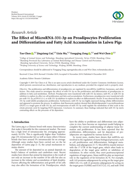 The Effect of Microrna-331-3P on Preadipocytes Proliferation and Differentiation and Fatty Acid Accumulation in Laiwu Pigs