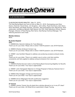 SCCA Fastrack News July 2019 Page 1 CLUB RACING BOARD MINUTES