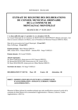 Extrait Du Registre Des Deliberations Du Conseil Municipal Ordinaire De La Commune De Montagnac-Montpezat