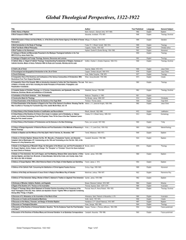 Global Theological Perspectives, 1322-1922