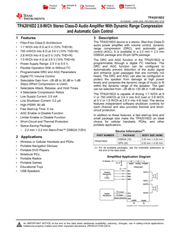 TPA2016D2 2.8-W/Ch Stereo Class-D Audio Amplifier With