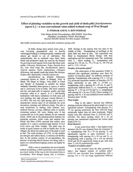 Effect of Planting Variables on the Growth and Yield of Shola Pith [Aeschynomene Aspera L.) -A Non-Conventional Value-Added Wetl