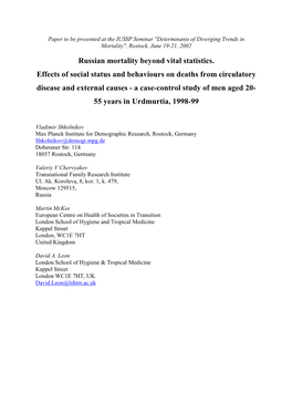 Russian Mortality Beyond Vital Statistics. Effects of Social Status and Behaviours on Deaths from Circulatory Disease and Extern