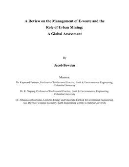 A Review on the Management of E-Waste and the Role of Urban Mining: a Global Assessment