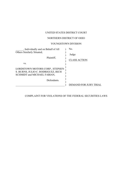 COMPLAINT for VIOLATIONS of the FEDERAL SECURITIES LAWS Plaintiff ______(“Plaintiff”), Individually and on Behalf of All Others Similarly Situated