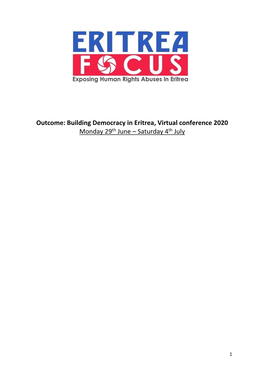 Outcome: Building Democracy in Eritrea, Virtual Conference 2020 Monday 29Th June – Saturday 4Th July