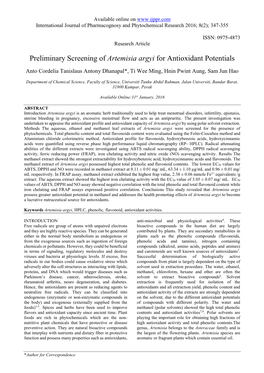 Preliminary Screening of Artemisia Argyi for Antioxidant Potentials