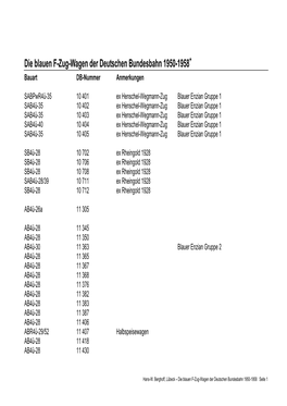 Die Blauen F-Zug-Wagen Der Deutschen Bundesbahn 1950-1958+ Bauart DB-Nummer Anmerkungen