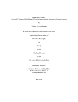 Composing Pioneers: Personal Writing and the Making of Frontier Opportunity in Nineteenth-Century America